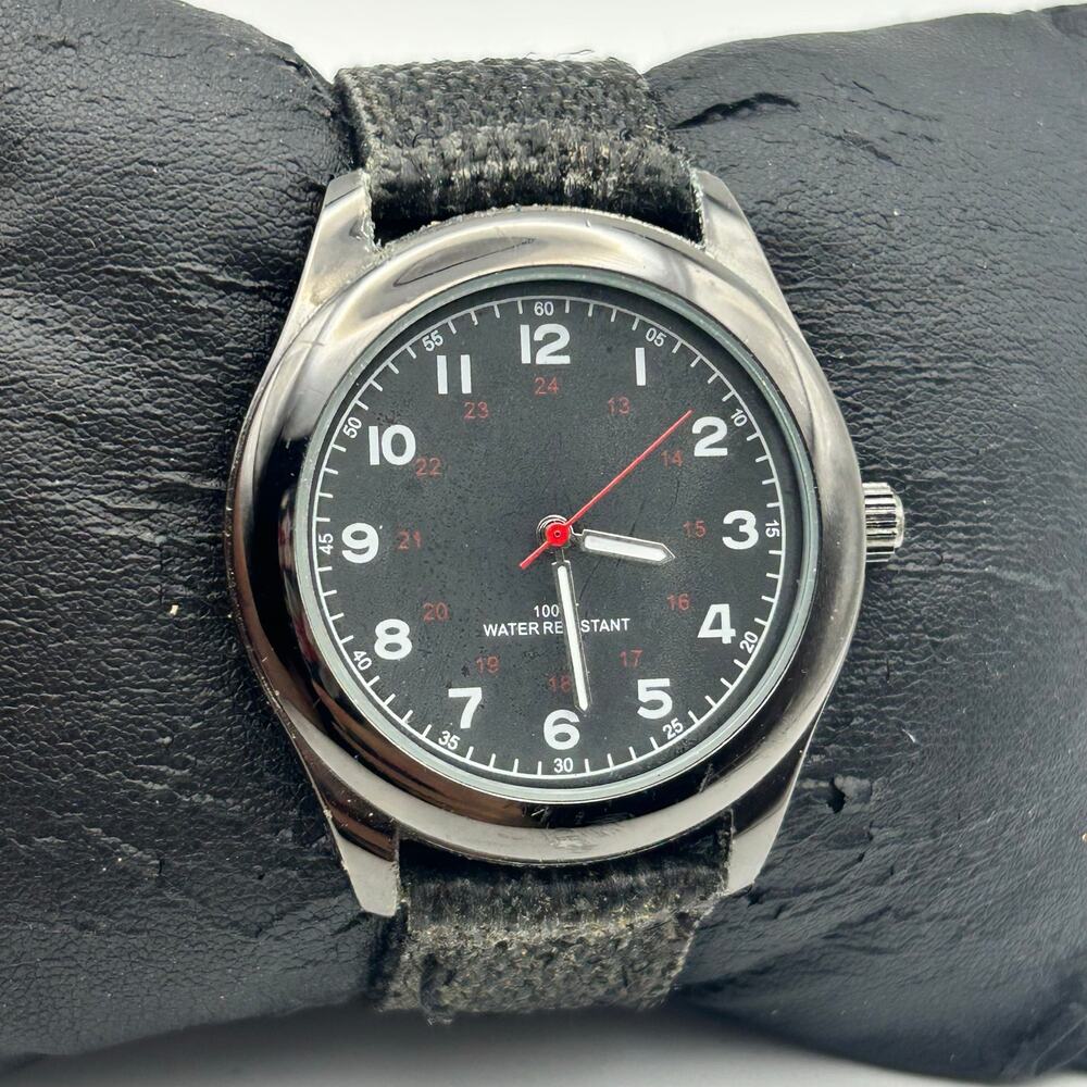 Men’s Easy-reader Black Dial Black Fabric Strap Watch Working New Battery